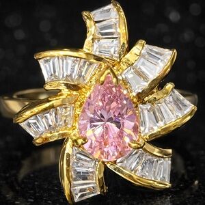 Suzanne Somers vintage pink pear cut baguettes CZ engagement cocktail ring gold
